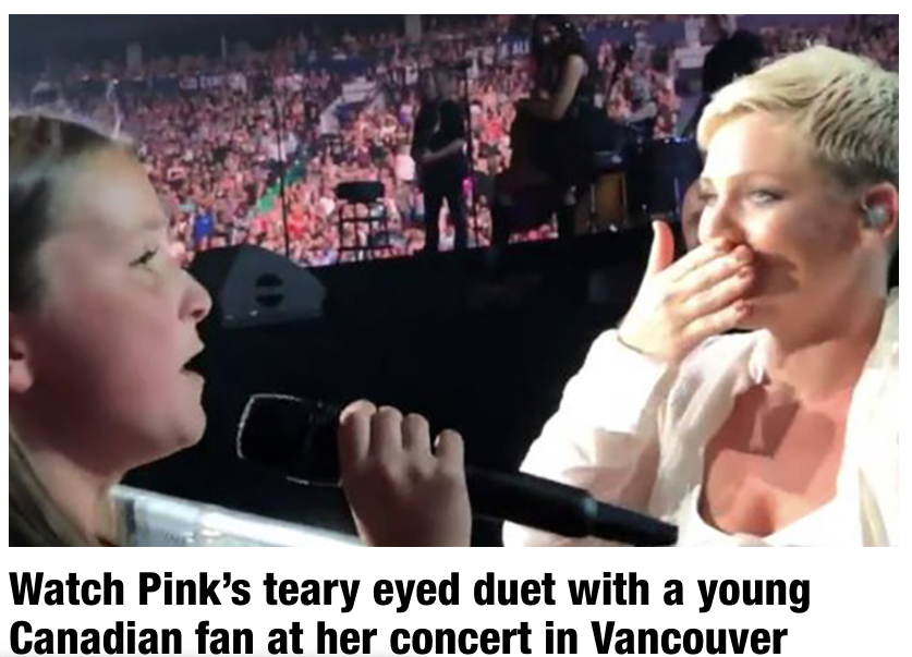 Watch Pink’s teary eyed duet with a young Canadian fan at her concert in Vancouver